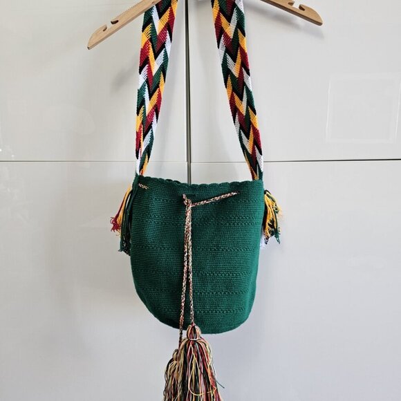 Authentic 100% Wayuu Boho Mochila Colombian Crossbody Bag Big Dark Green Tassels - Picture 3 of 11